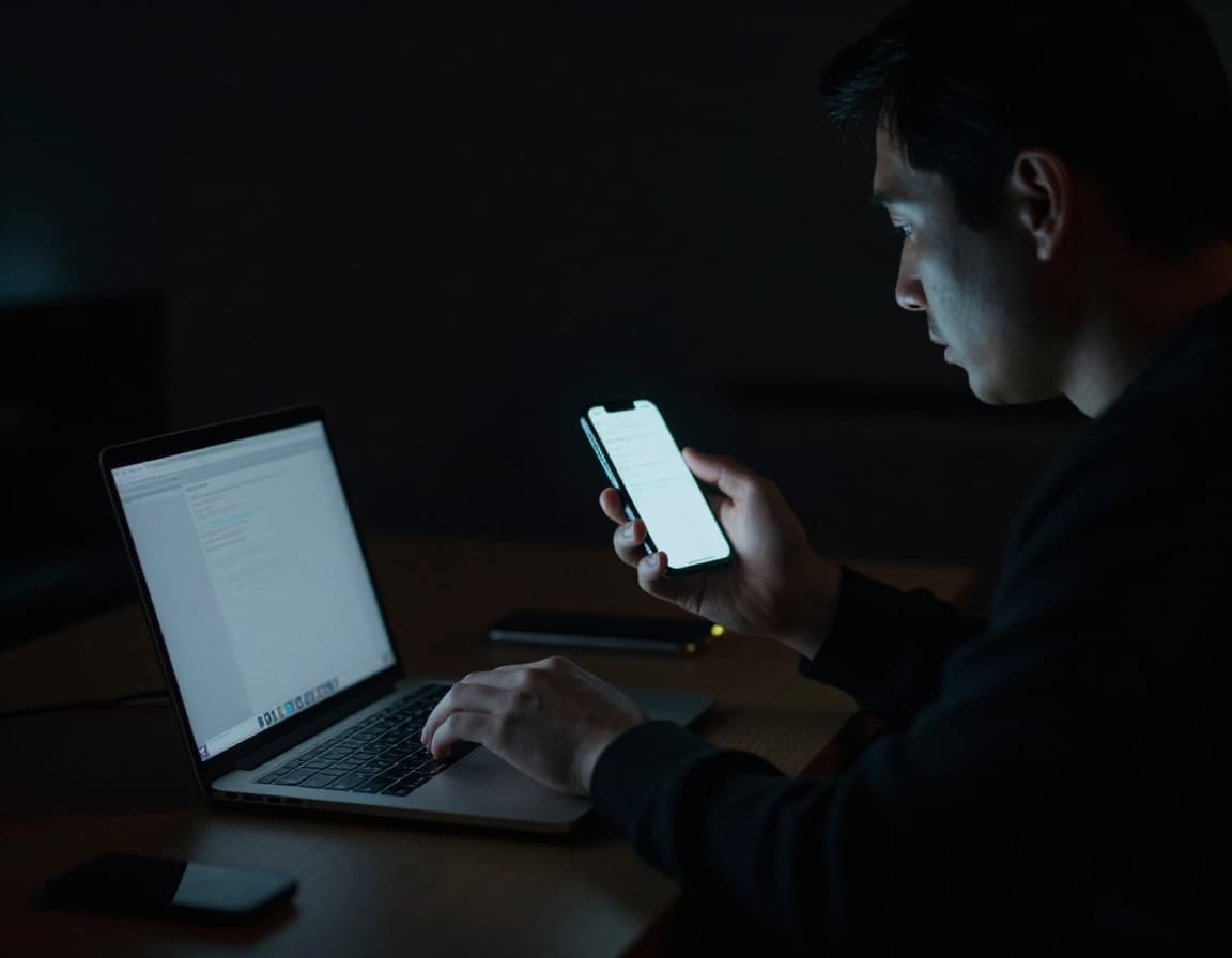 Person following an unlock guide on a laptop and phone