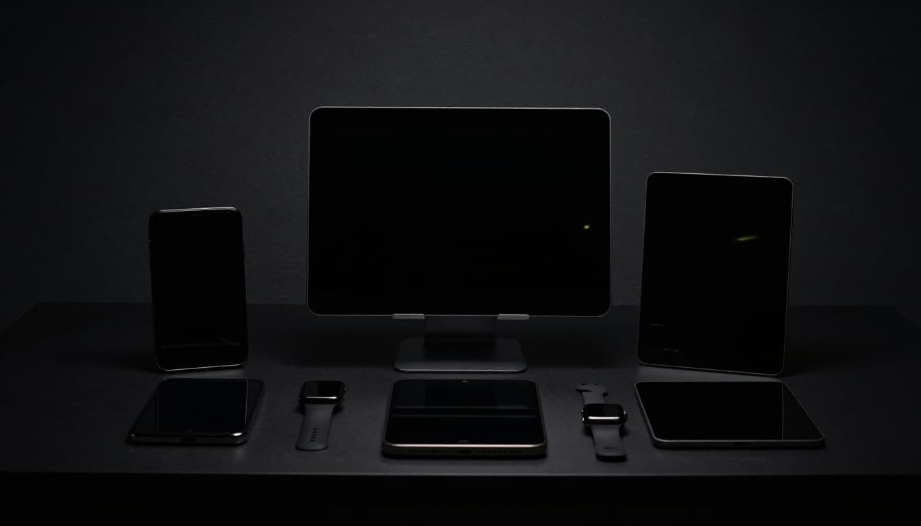 Locked iPhone, iPad, and Apple Watch on a dark desk