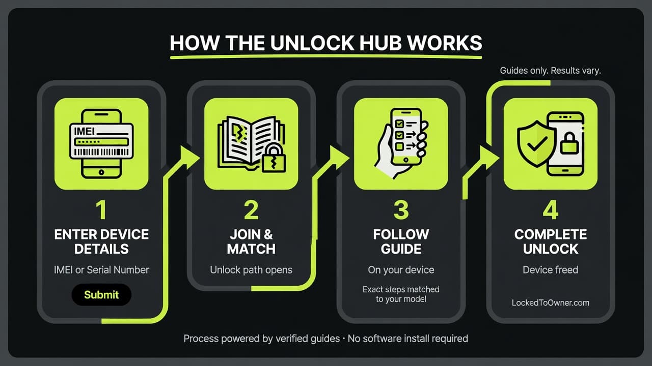 Four-step unlock hub process from device details to following the guide