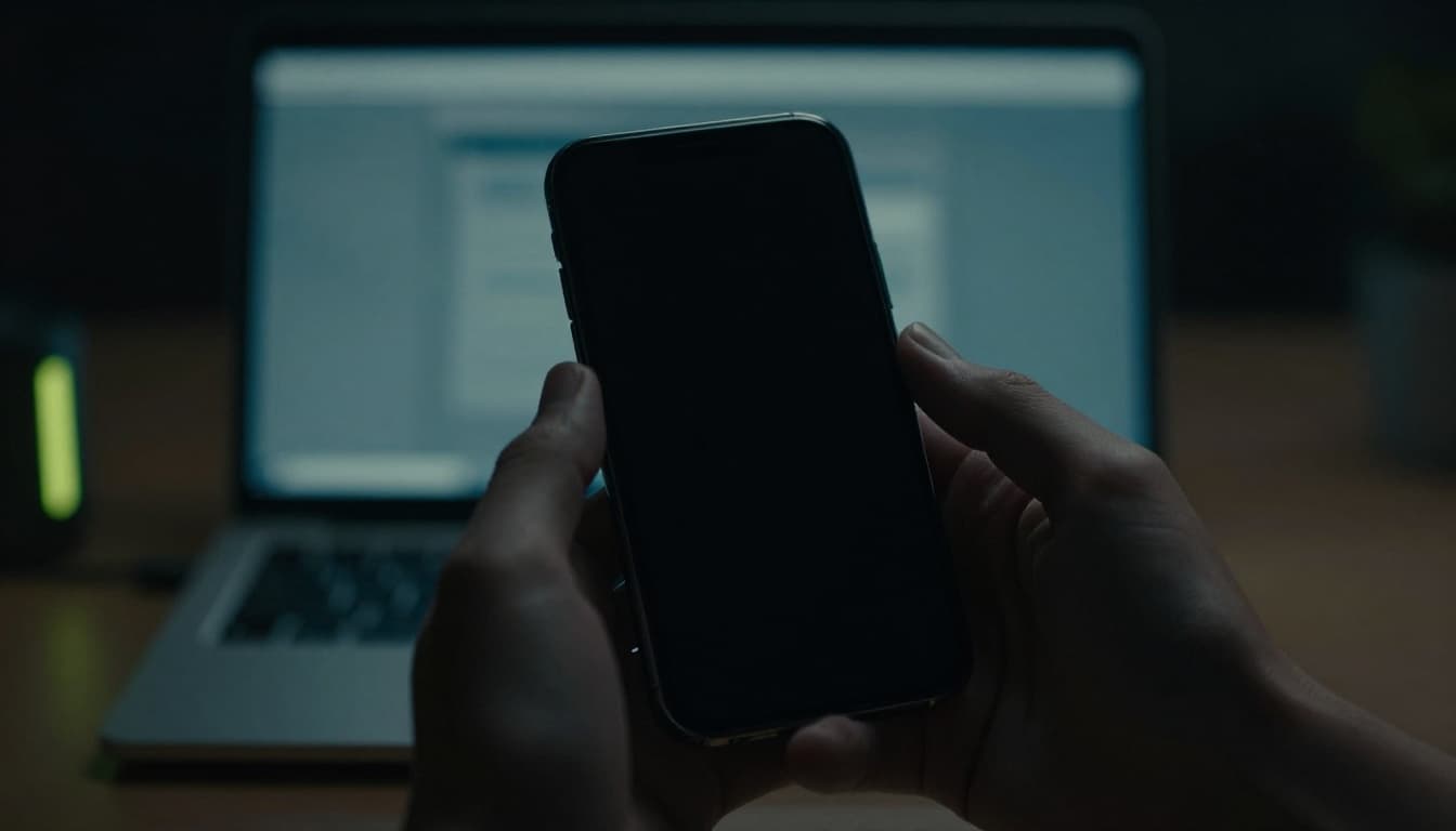 Hands holding a locked iPhone with a dark screen