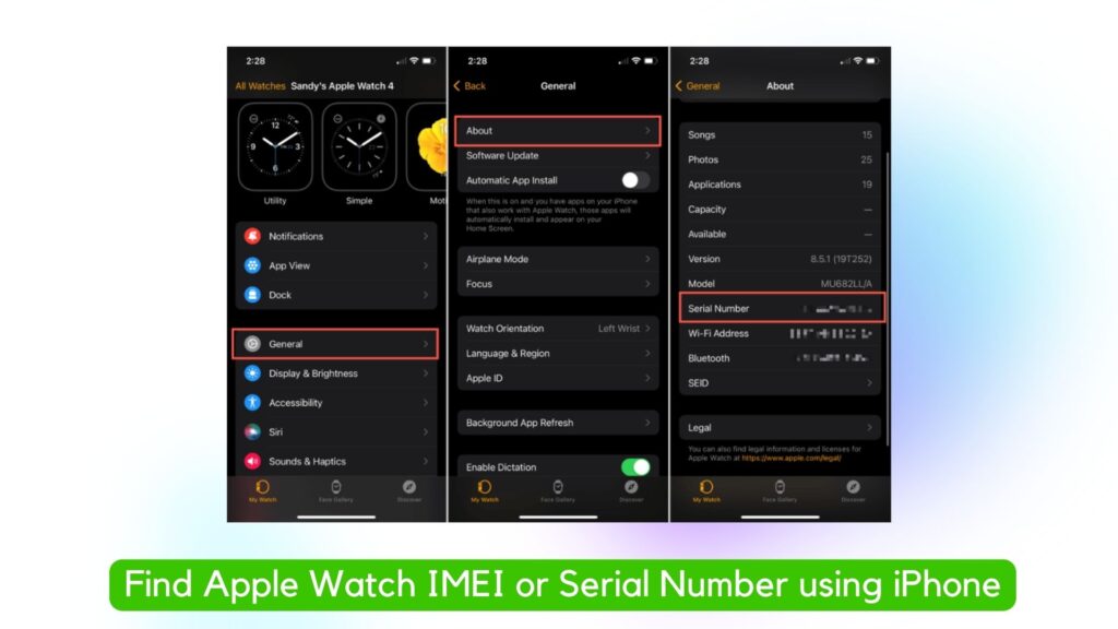 how to find apple watch imei using iphone